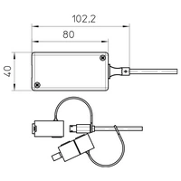 Diagramm eines rechteckigen Geräts mit Abmessungen: 102,2 mm x 40 mm. Es enthält ein Kabel mit Anschlüssen in einer Seitenansicht.